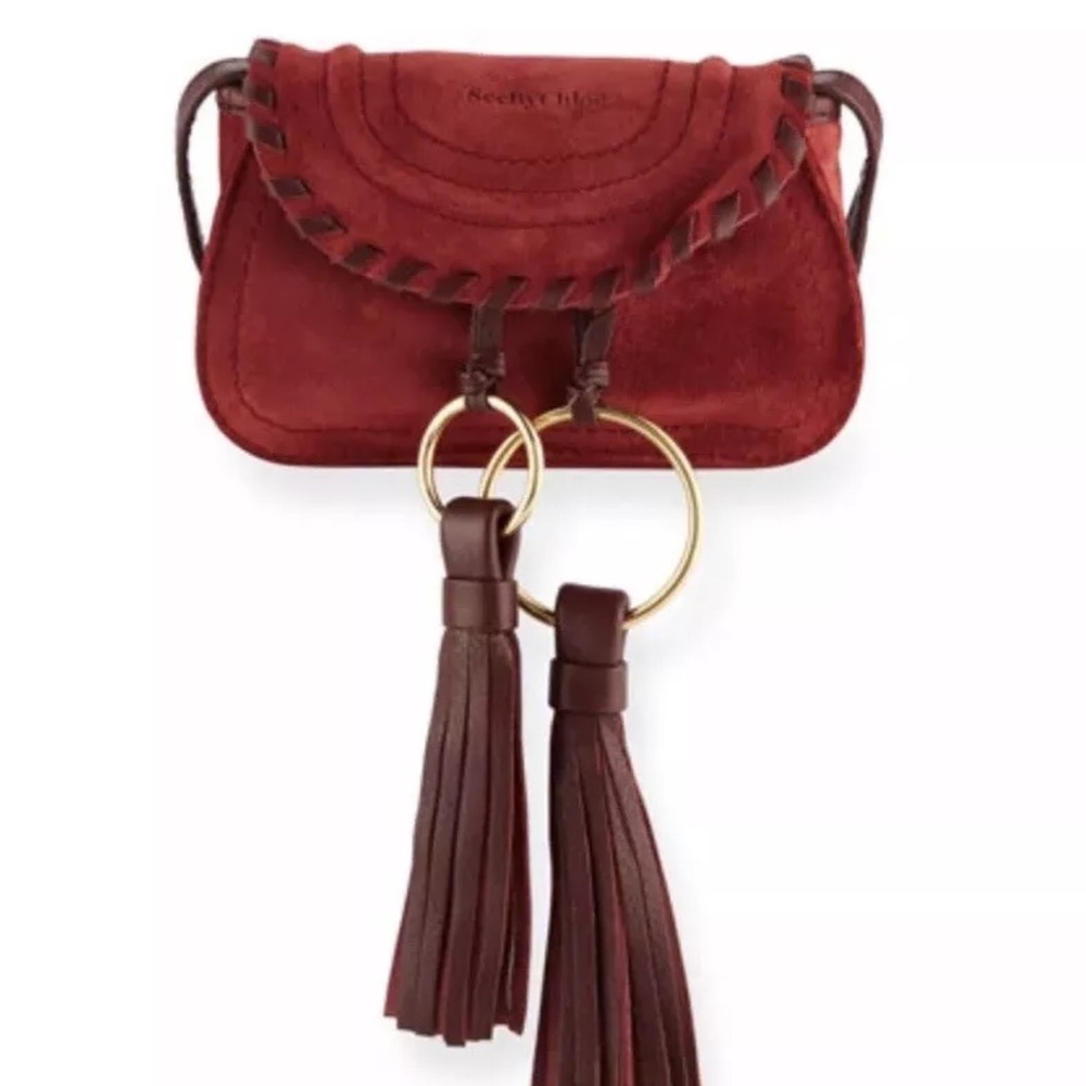 See by Chloe Polly Suede Wine Bordeaux Belt Tassels Crossbody Shoulder New